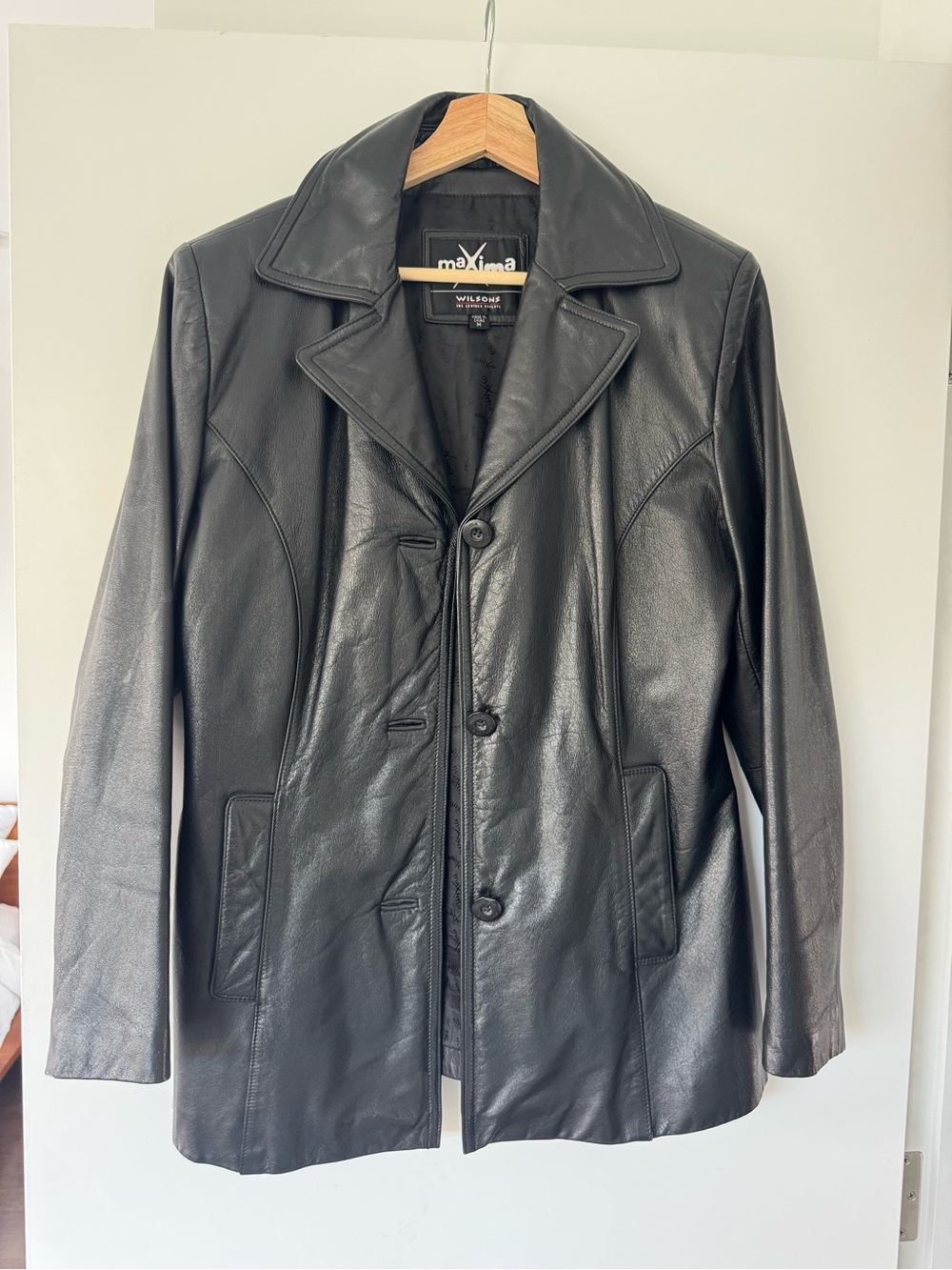 Wilson Black Leather Trench Coat with Button Front